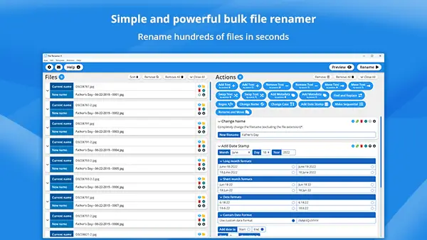 Simple and powerful bulk file renamer. Rename hundreds of files in seconds.