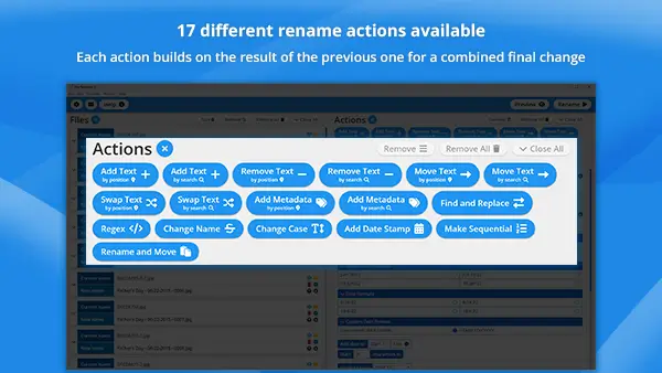 17 different rename actions available. Each action builds on the result of the previous one for a combined final change.