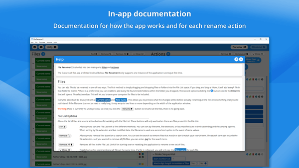 In-app documentation. Documentation for how the app works and for each rename action.